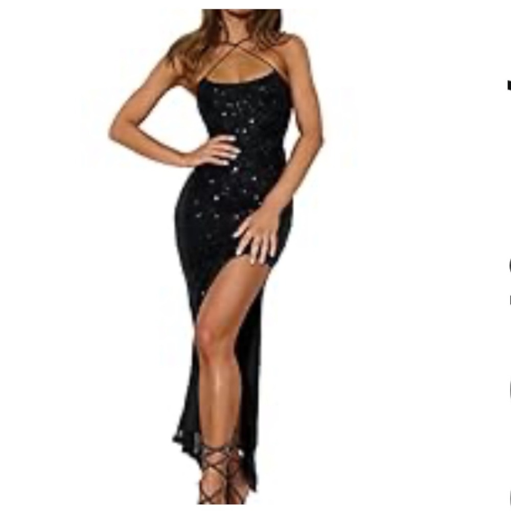 Dressy cocktail Black Sequin Maxi Dress Halter Criss Cross Back High Slit  New S